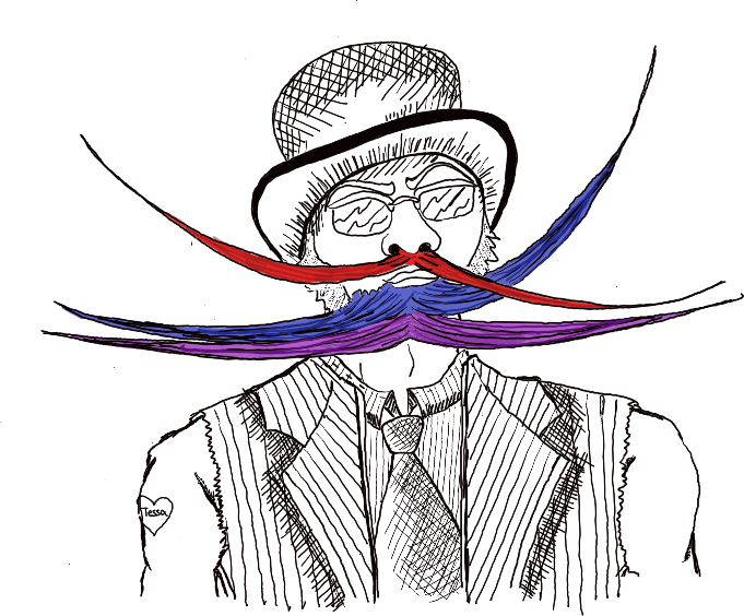 Cartoon sketch of a man in a top hat with a large beard and whiskers, with the hairs the shape and coloured in the form of an ancient DNA C to T damage plot
